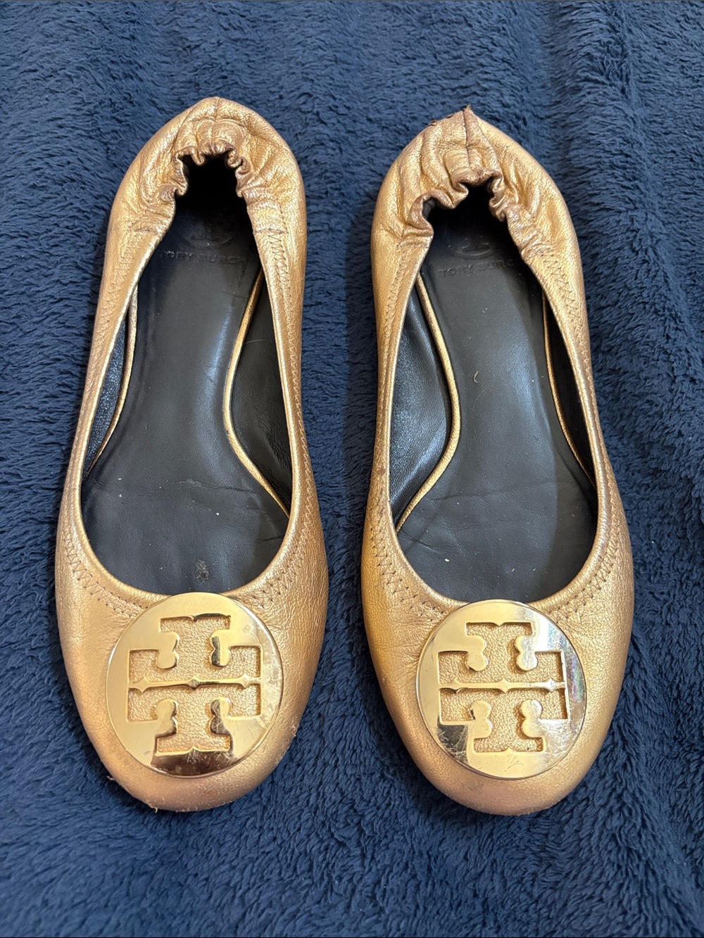 Tory Burch Metallic Gold Leather Ballet Flats with Logo Medallion